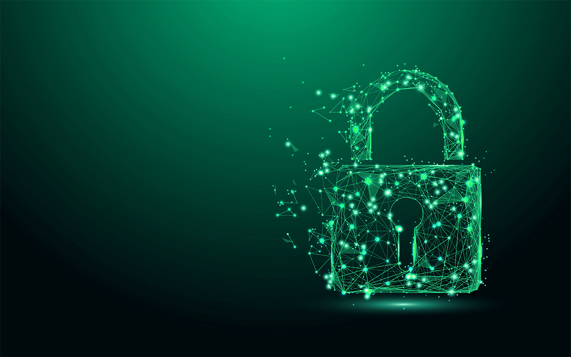 Digital illustration of a padlock made of glowing green