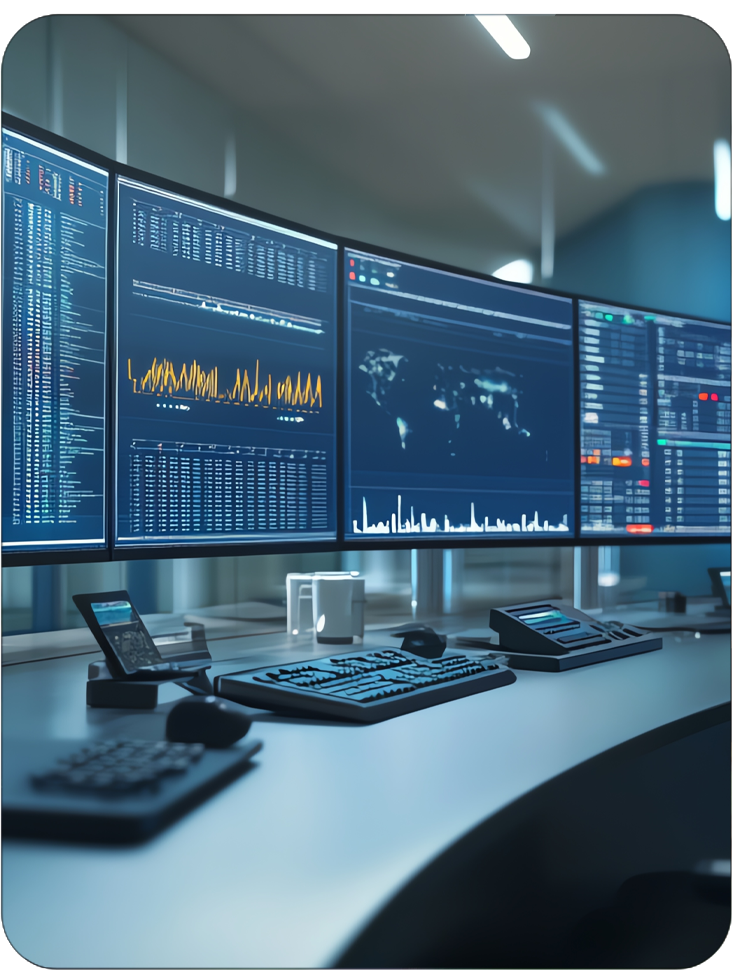 Modern control room environment with multiple monitors displaying charts